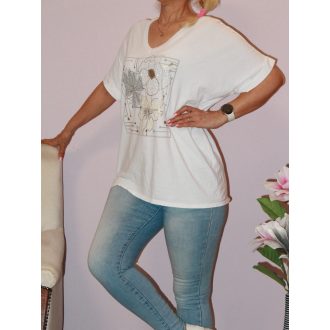 Strasszos virágos,V nyakú felső ! fehér XL-XXL