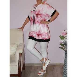   Virág mintás,húzott nyakú,zsebes tunika! mályva-fehér  XXL-3XL