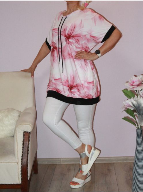 Virág mintás,húzott nyakú,zsebes tunika! mályva-fehér  XXL-3XL