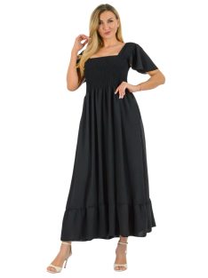   Mellben-derékban gumírozott ,vállra húzható,zsebes maxi ruha ! fekete M-XL