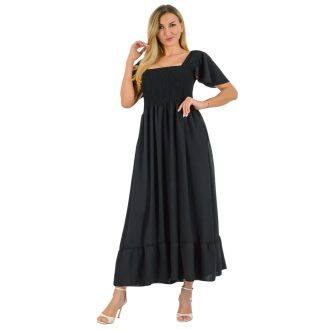   Mellben-derékban gumírozott ,vállra húzható,zsebes maxi ruha ! fekete M-XL