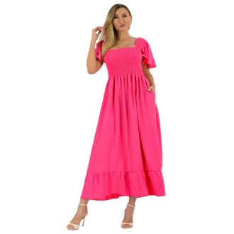   Mellben-derékban gumírozott ,vállra húzható,zsebes maxi ruha ! pink M-XL