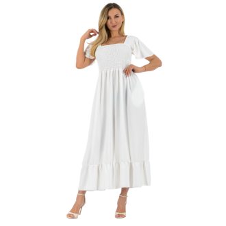   Mellben-derékban gumírozott ,vállra húzható,zsebes maxi ruha ! fehér M-XL