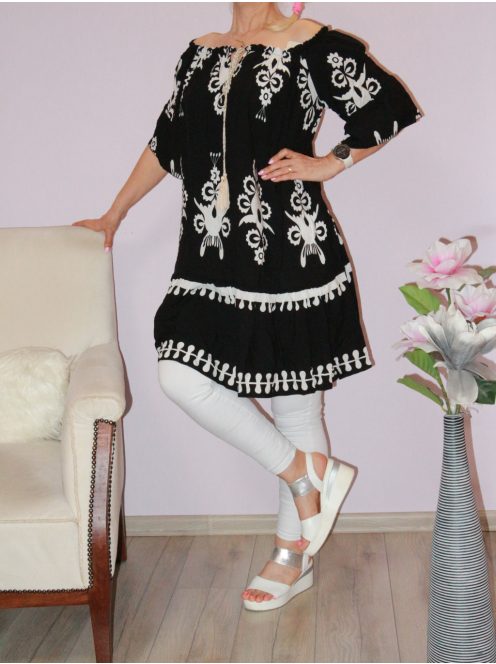 Népi motívumos,harangujjú,vállra húzható,ruha ! fekete L-XXL
