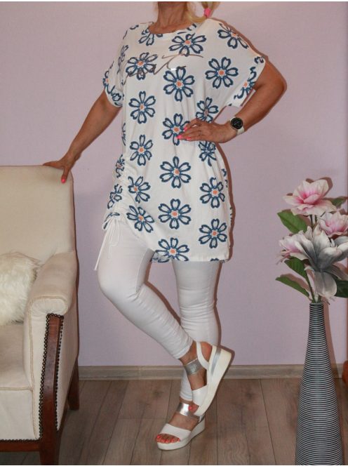 Virágos,eleje húzott,pamut tunika!  fehér-kék L-XXL