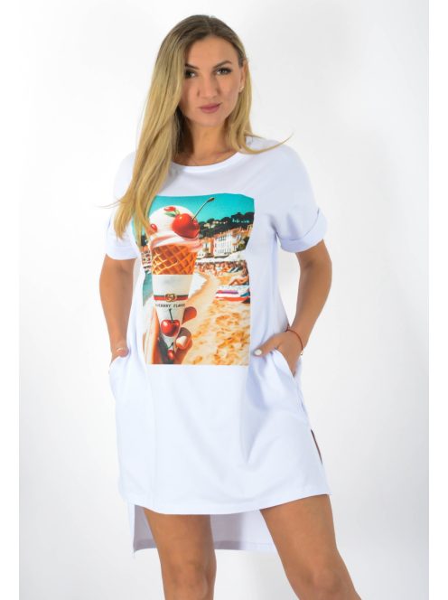 Fagyi mintás,zsebes,hátulja hosszabb tunika! fehér L-XXL