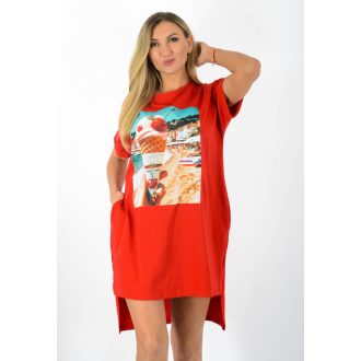 Fagyi mintás,zsebes,hátulja hosszabb tunika! piros L-XXL