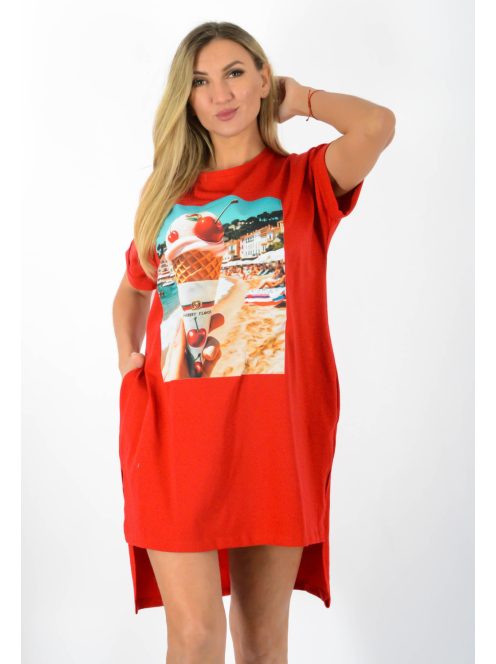Fagyi mintás,zsebes,hátulja hosszabb tunika! piros L-XXL