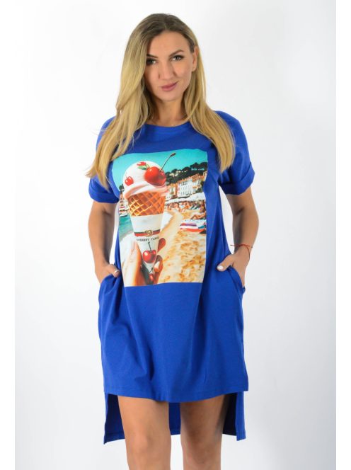 Fagyi mintás,zsebes,hátulja hosszabb tunika! királykék L-XXL