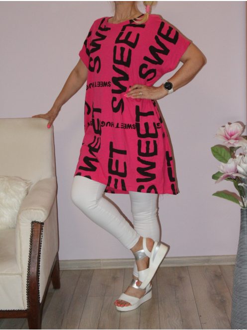 Betű mintás,zsebes,hátulja hosszabb tunika ! pink L-XXL