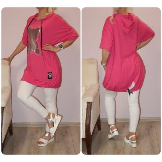   Strasszos egérkés,kapucnis,hátulja hosszabb tunika ! pink XL-3XL