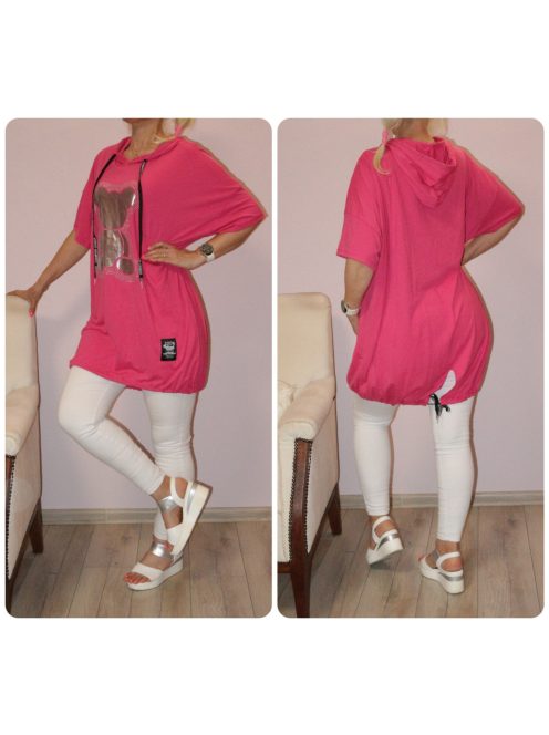 Strasszos egérkés,kapucnis,hátulja hosszabb tunika ! pink XL-3XL