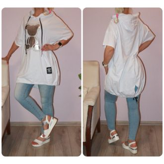   Strasszos egérkés,kapucnis,hátulja hosszabb tunika ! fehér XL-3XL