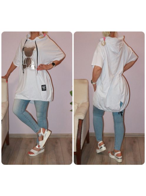 Strasszos egérkés,kapucnis,hátulja hosszabb tunika ! fehér XL-3XL