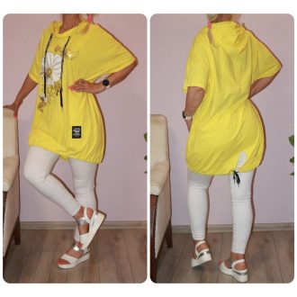 Virágos,kapucnis,hátulja hosszabb tunika ! sárga XL-3XL