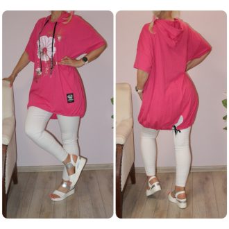Virágos,kapucnis,hátulja hosszabb tunika ! pink  XL-3XL