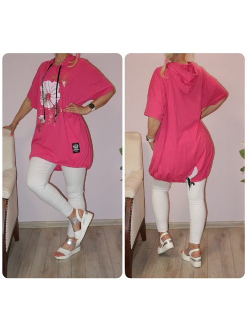 Virágos,kapucnis,hátulja hosszabb tunika ! pink  XL-3XL