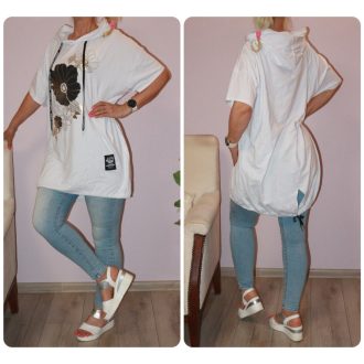 Virágos,kapucnis,hátulja hosszabb tunika !fehér XL-3XL