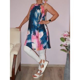 Mintás,nyaknál kötős ruha! sötétkék-pink-ekrü XL-XXL