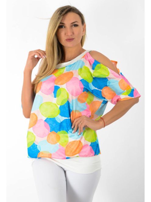 Színes pöttyös,válla nyitott,denevérujjas felső!   L-XXL
