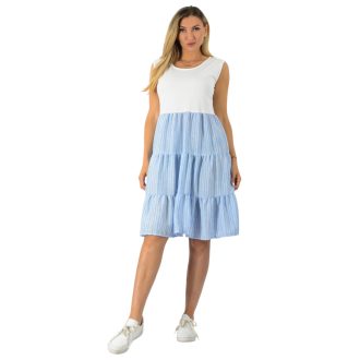 Csíkos fodros,lenvásznas aljú ruha!  kék M-XL