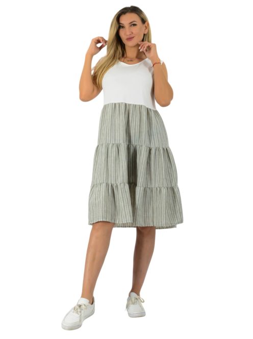 Csíkos fodros,lenvásznas aljú ruha! khaki M-XL