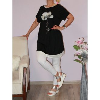Strasszos virágos ,lurex aljú,zsebes tunika! fekete L-XL