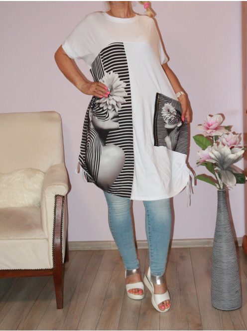 Mintás,zsebes,oldala húzott tunika!  fehér XL-3XL