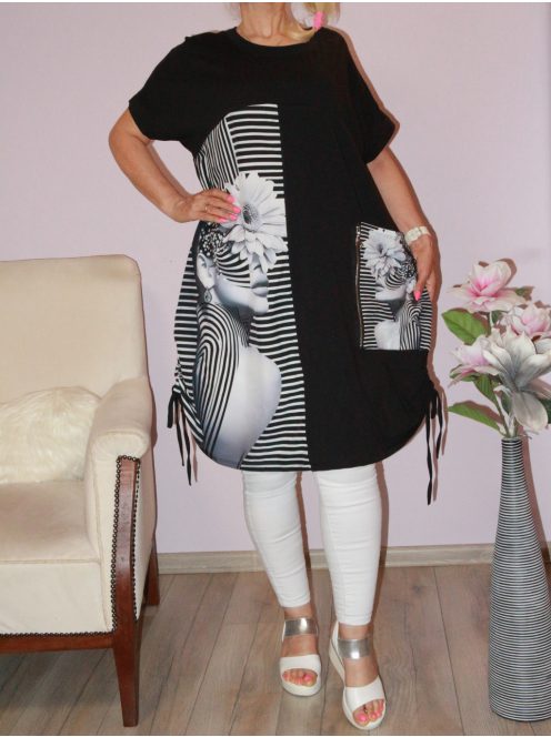 Mintás,zsebes,oldala húzott tunika! fekete XL-3XL