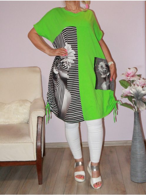 Mintás,zsebes,oldala húzott tunika! kiwizöld XL-3XL