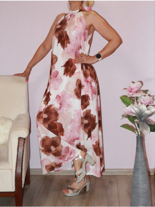 Virág mintás,nyaknál kötős maxi ruha! fehér-púderrózsaszín-barna L-XXL