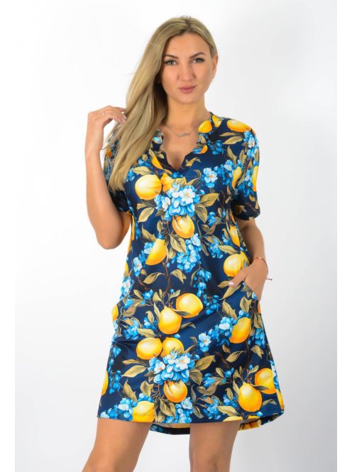 Citrom mintás,ingnyakú,zsebes tunika !  sötétkék  L-XL