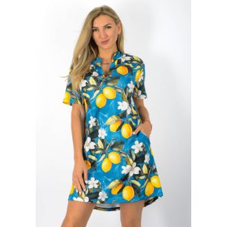 Citrom mintás,ingnyakú,zsebes tunika ! kék  L-XL