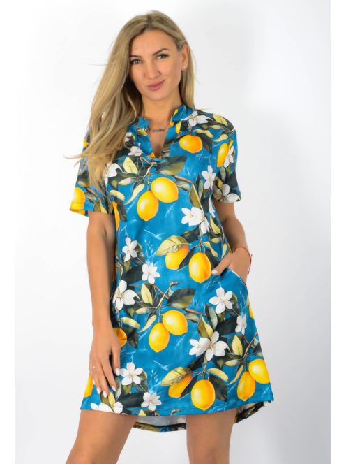 Citrom mintás,ingnyakú,zsebes tunika ! kék  L-XL