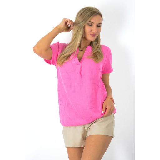 Géz anyagú, ingfazonú ,gumis aljú felső! pink  L-XL