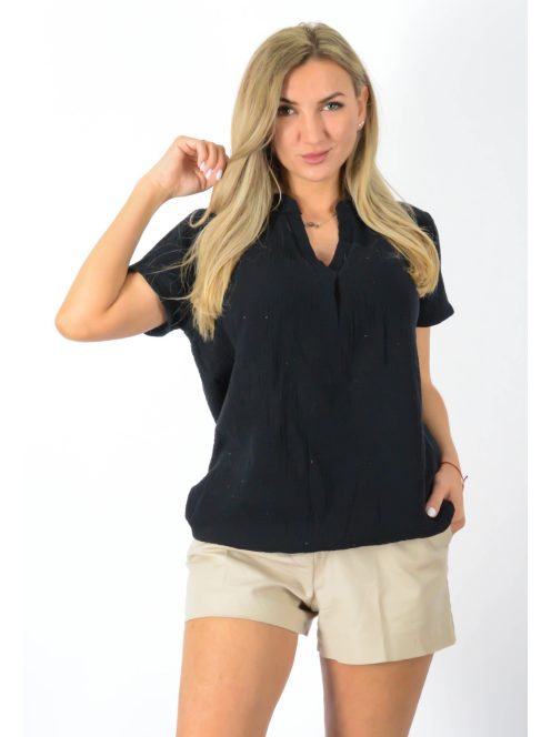 Géz anyagú, ingfazonú ,gumis aljú felső! fekete  L-XL