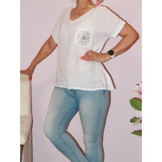 Virágos,zsebes,lenvásznas,V nyakú felső ! fehér L-XL