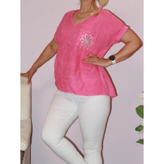 Virágos,zsebes,lenvásznas,V nyakú felső ! pink L-XL