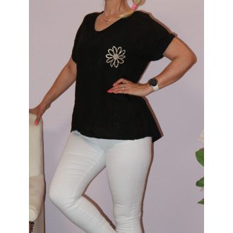 Virágos,zsebes,lenvásznas,V nyakú felső ! fekete L-XL