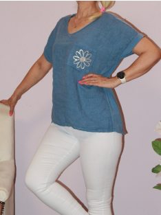   Virágos,zsebes,lenvásznas,V nyakú felső ! farmerkék L-XL