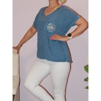   Virágos,zsebes,lenvásznas,V nyakú felső ! farmerkék L-XL
