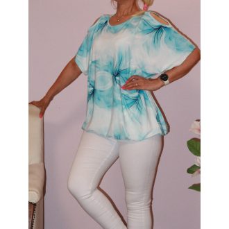   Virág mintás,nyitott vállú,gumis aljú felső! kék-fehér  XL-XXL