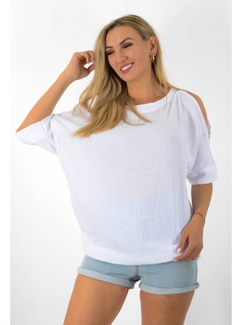 Géz anyagú,válla nyitott,denevérujjas,gumis felső!  fehér L-XL