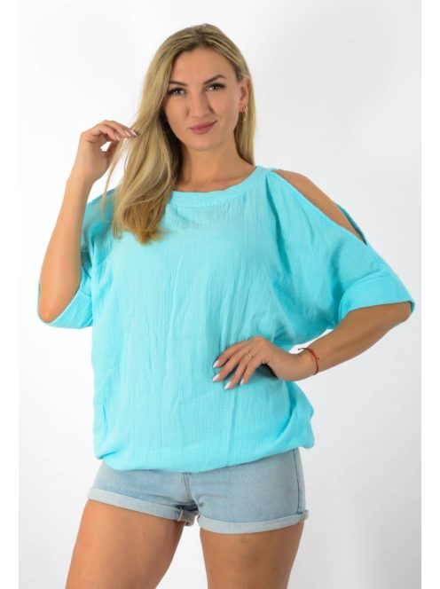 Géz anyagú,válla nyitott,denevérujjas,gumis felső!  türkiz L-XL