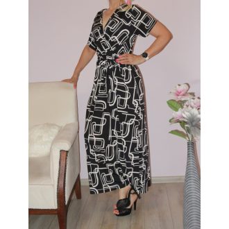   Mintás,átlapolt,gumis derekú,öves maxi ruha ! fekete-fehér M-XL