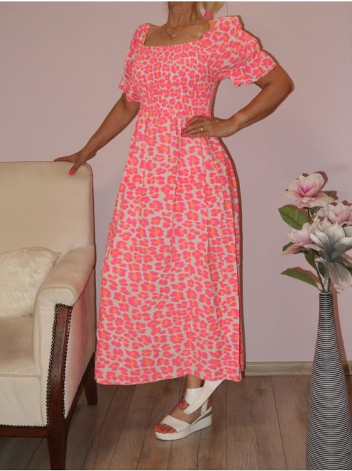 Mintás,mellben gumírozott  maxi ruha! neonpink-narancs S-XL