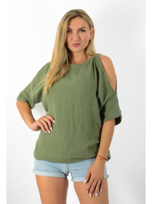 Géz anyagú,válla nyitott,denevérujjas,gumis felső!  khaki  L-XL