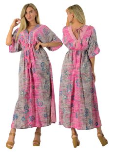   Mintás szatén ,dupla V kivágású,mell alatt kötős maxi ruha! pink  M-XL