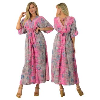   Mintás szatén ,dupla V kivágású,mell alatt kötős maxi ruha! pink  M-XL