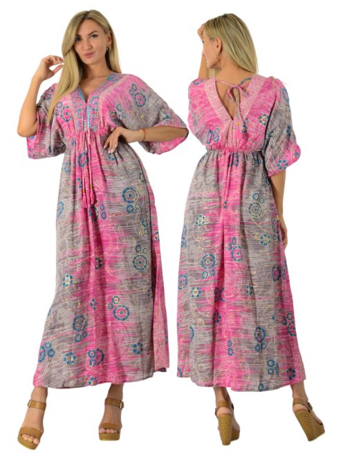 Mintás szatén ,dupla V kivágású,mell alatt kötős maxi ruha! pink  M-XL
